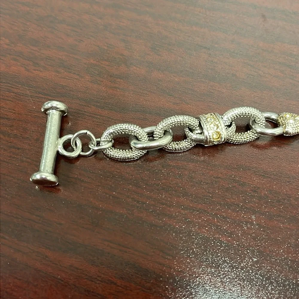 Vintage 925 Textured Silver Heart and Cubic Zirconia Toggle Bracelet